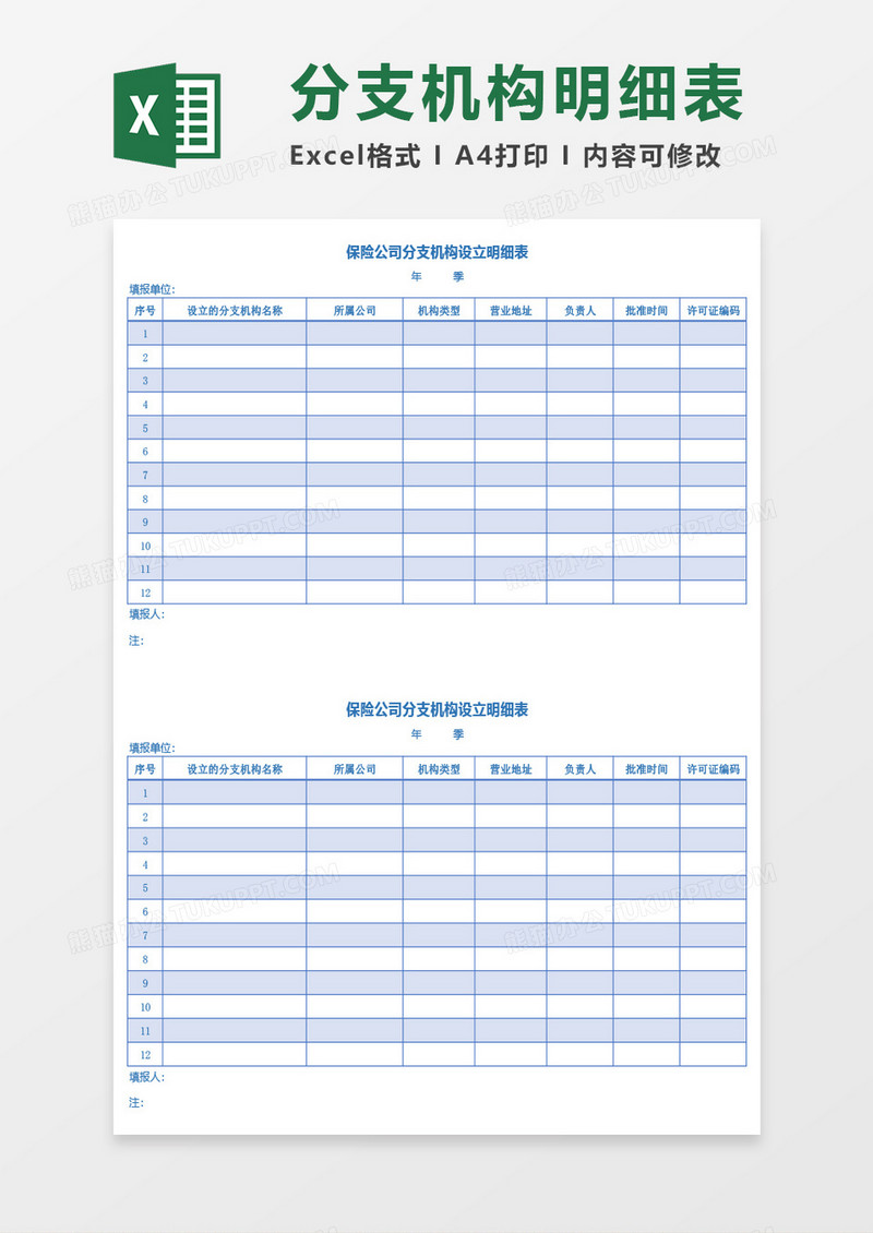 保险公司分支机构设立明细表excel模板