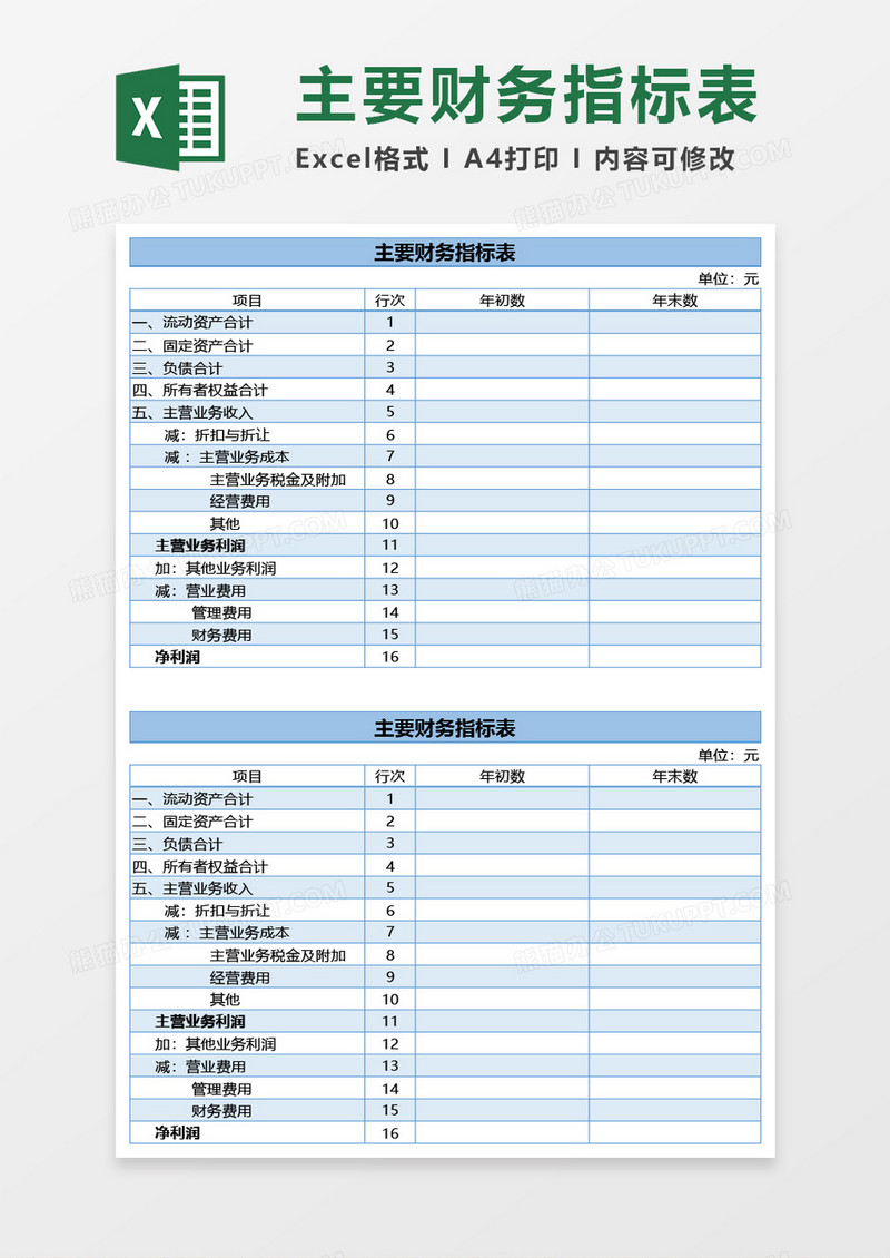 企业主要财务指标表excel模板