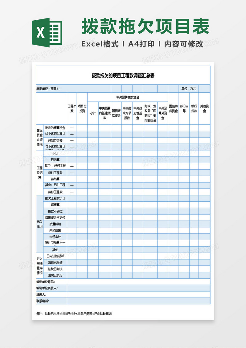 拨款拖欠的项目工程款调查汇总表excel模板