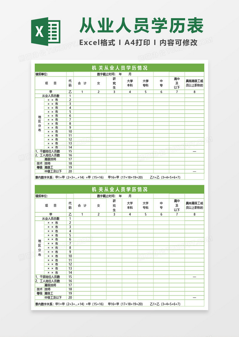 机关从业人员学历情况Excel模板