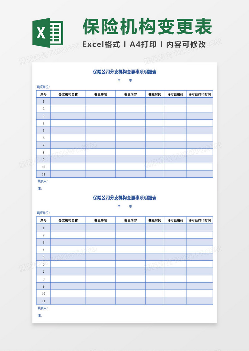 保险公司分支机构变更事项明细表Excel模板