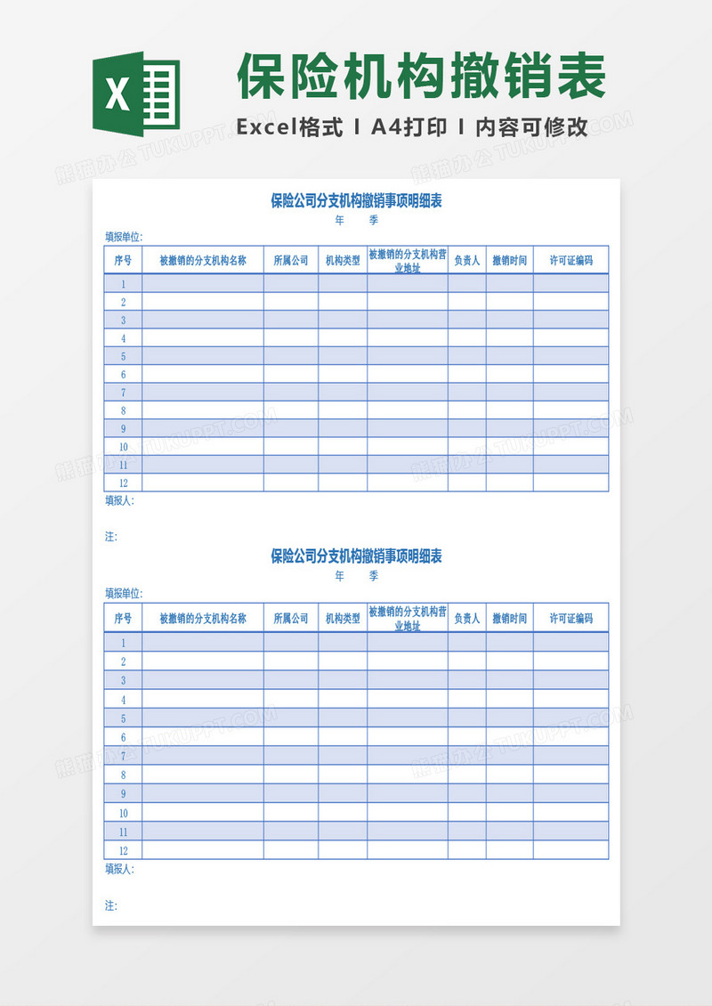 保险公司分支机构撤销事项明细表Excel模板