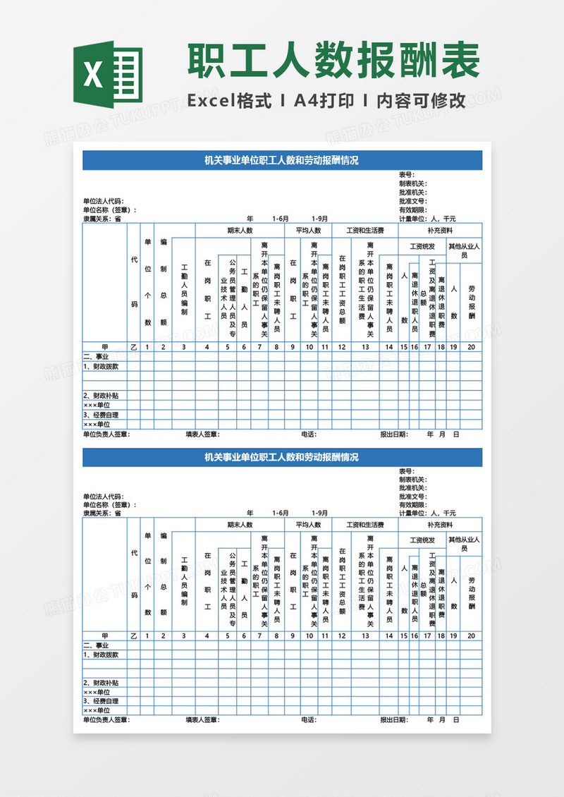 机关事业单位职工人数和劳动报酬情况Excel模板