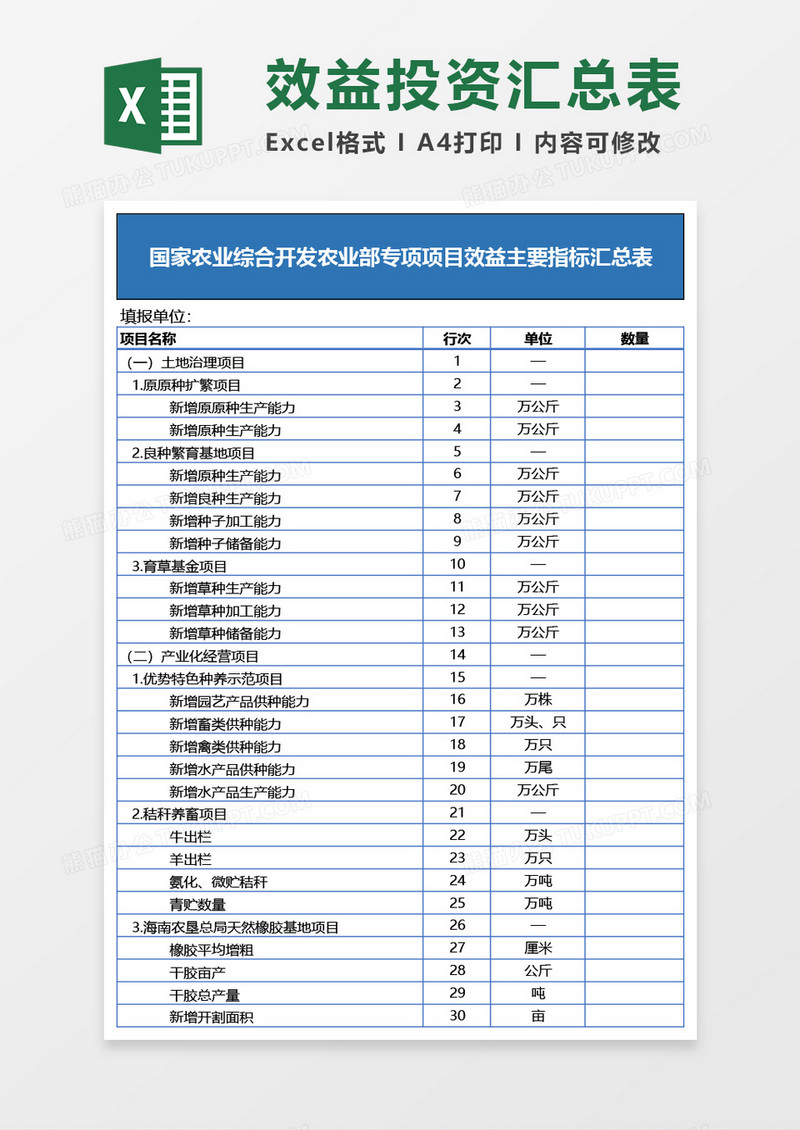 农业综合专项项目任务(效益)投资主要指标汇总表Excel模板