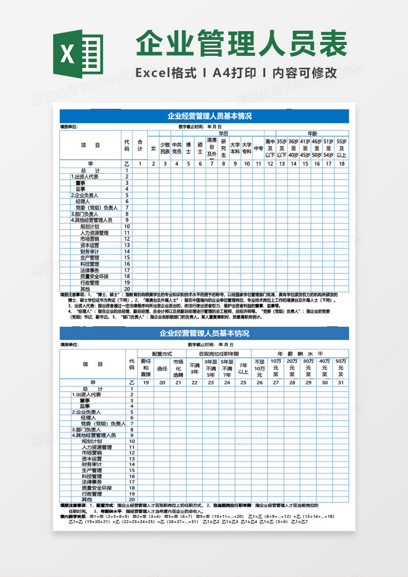 企业经营管理人员基本情况表Excel表