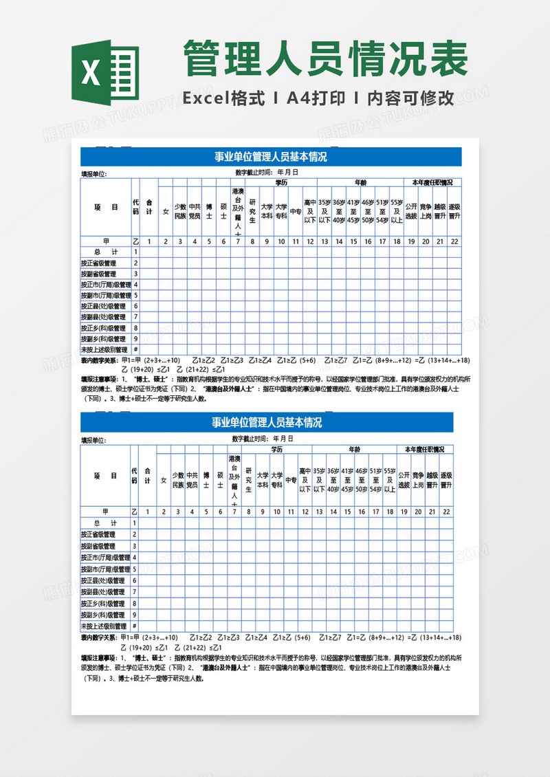 事业单位管理人员基本情况表Excel模板