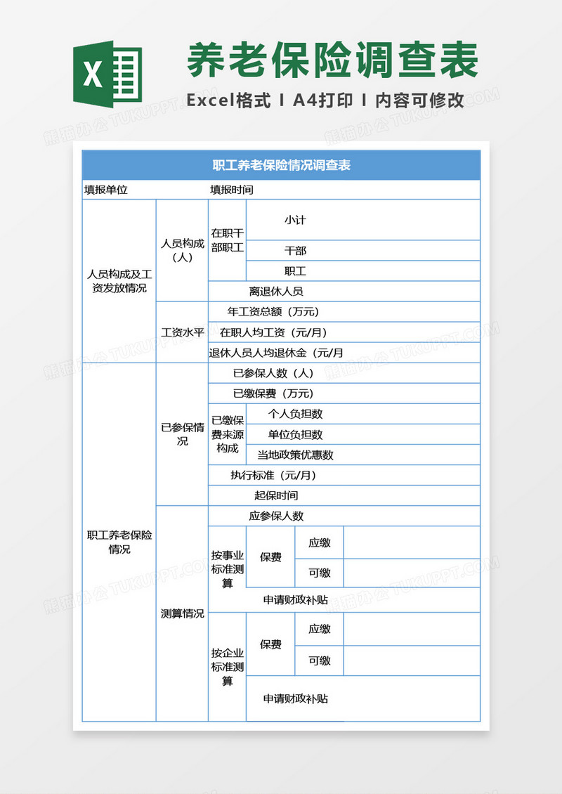 职工养老保险情况调查表Excel模板