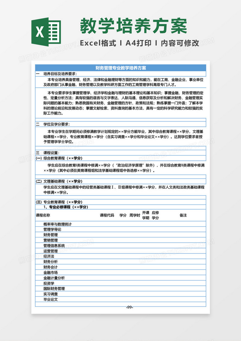 财务管理专业教学培养方案Excel模板