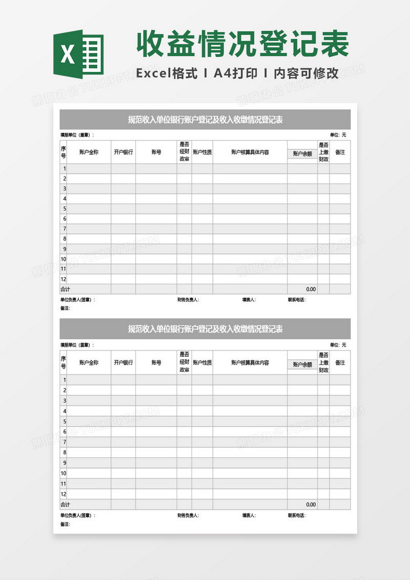 规范收入单位银行账户登记及收入收缴情况登记表Excel模板