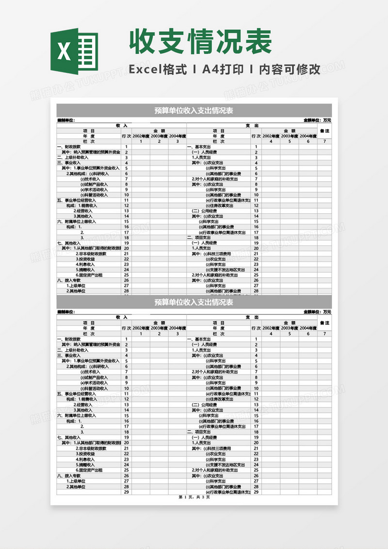 预算单位收入支出情况表Excel模板