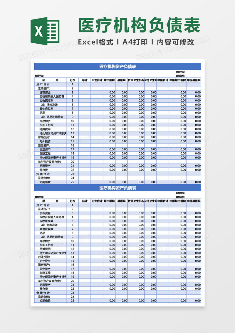 医疗机构资产负债表Excel模板