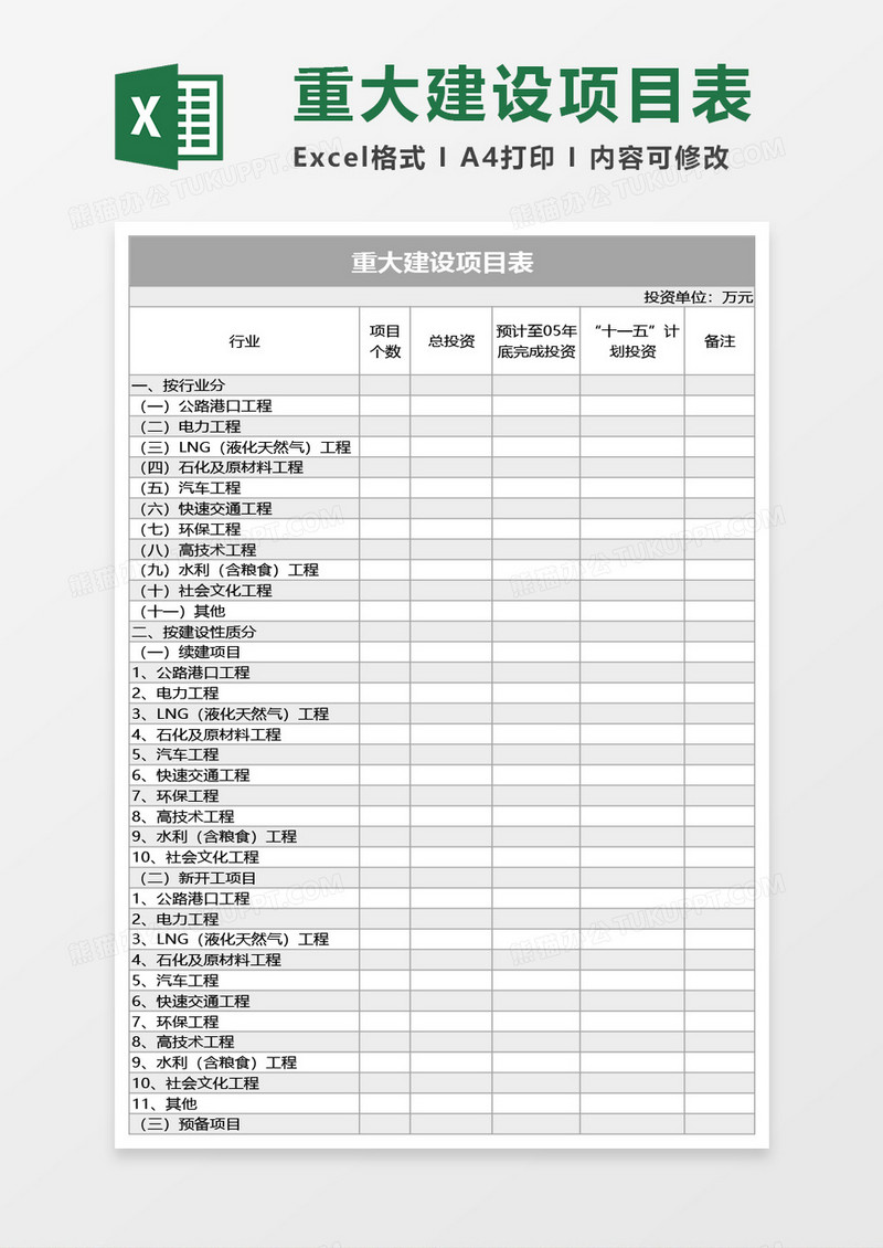 重大建设项目表Excel模板