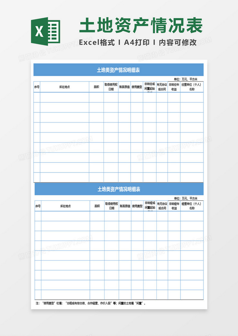 土地类资产情况明细表Excel模板