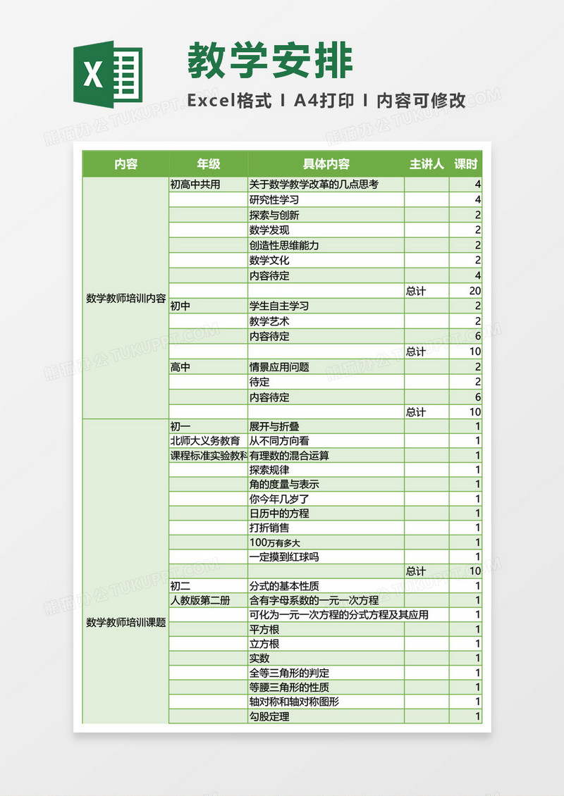 初中高中教师教学安排表Excel模板