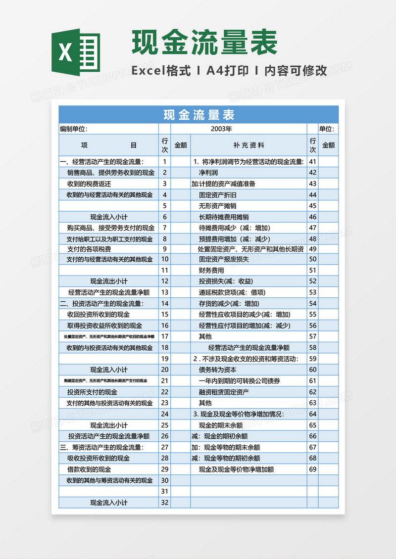 现金流量表模板Excel模板