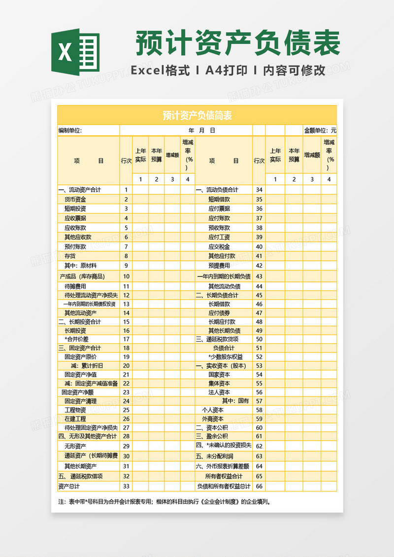 预计资产负债简表Excel模板