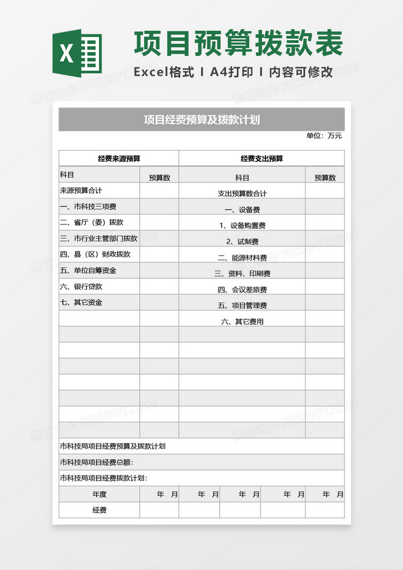 项目经费预算及拨款计划Excel模板