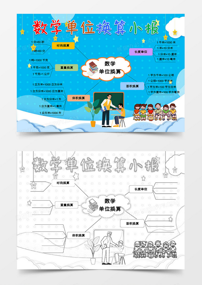 蓝色卡通风数学单位换算数学小报word模版