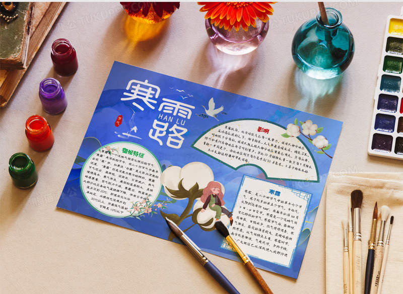 蓝色中国风寒露气节小报手抄报word模板