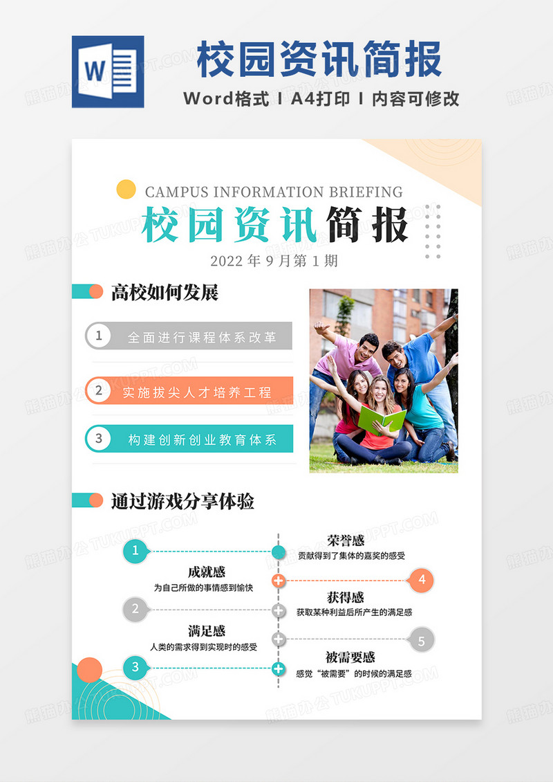 橙绿简约校园资讯简报word模板