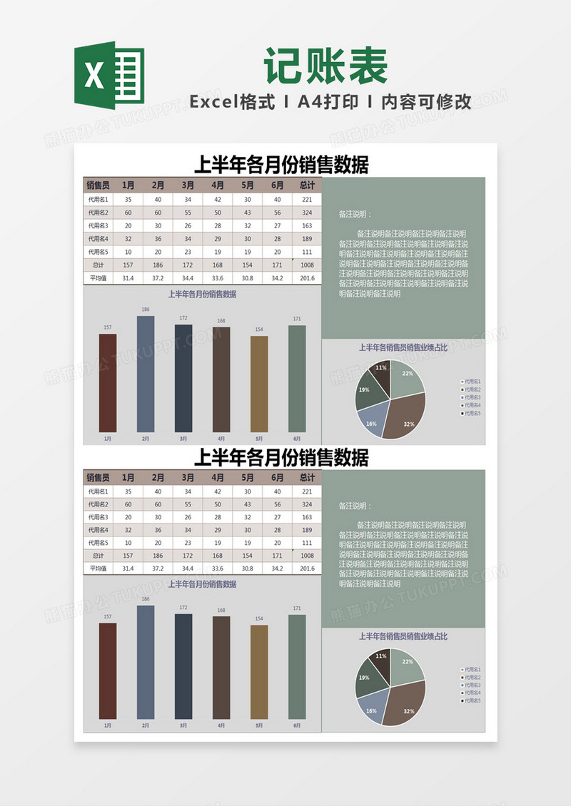 暗灰色简约上半年各月份销售数据记账表excel模版