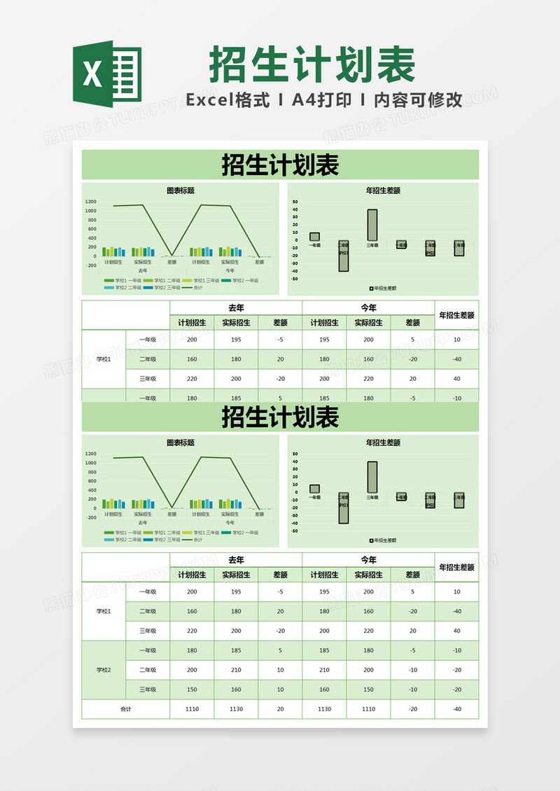 绿色简约招生计划表excel模版 