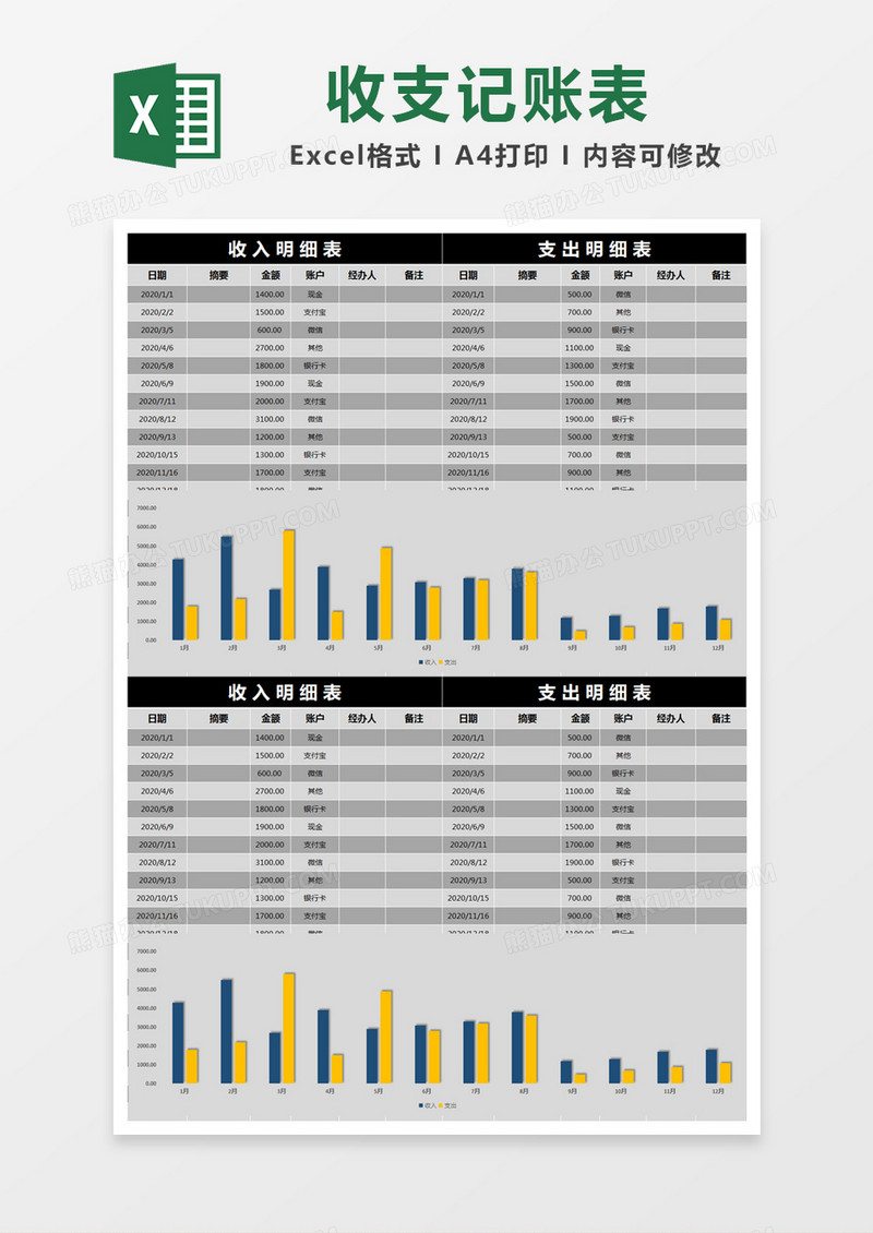 黑色简约收入支出明细表记账表excel模版