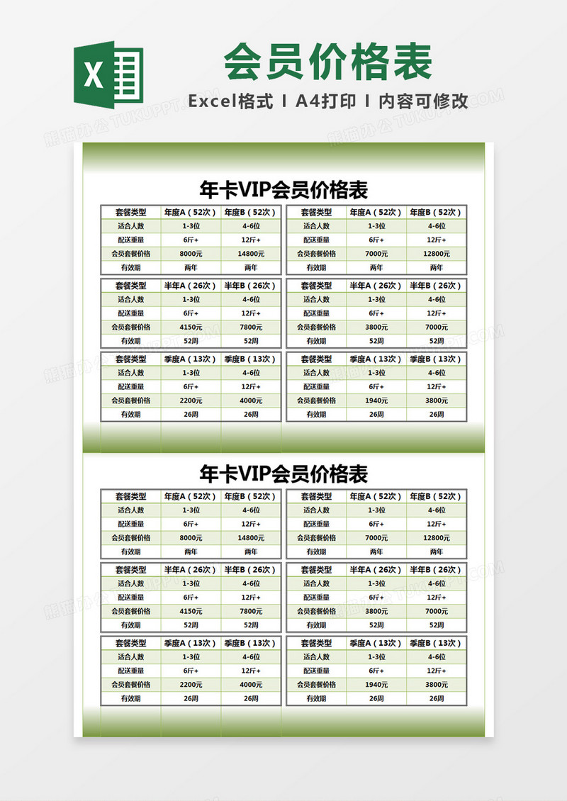 绿色简约年卡VIP会员价格表excel模版