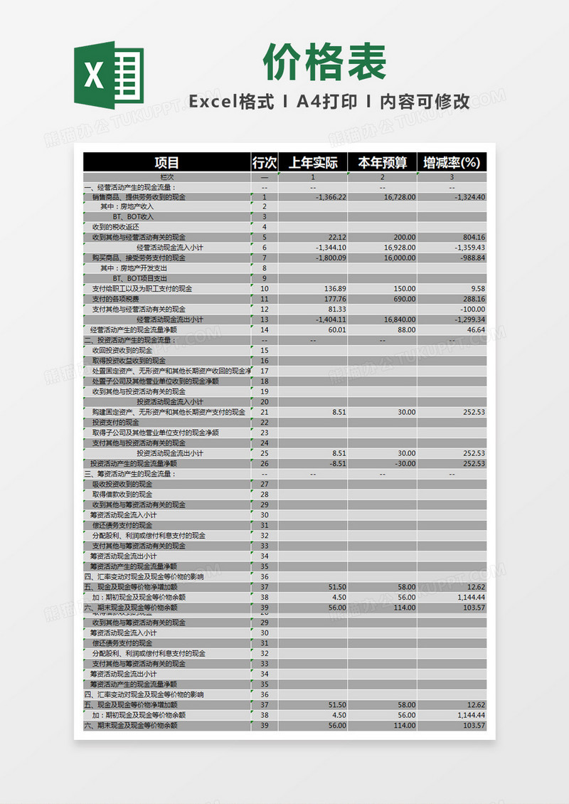 黑色简约现金流量预算表excel模版