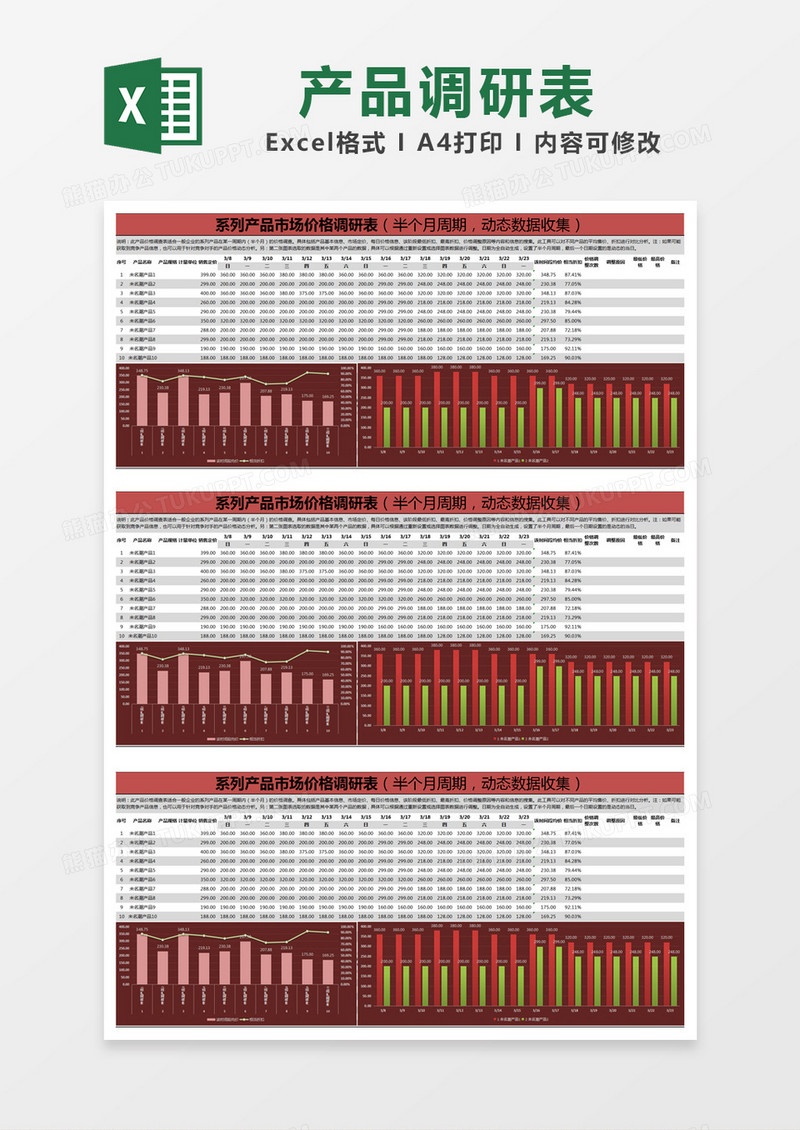 红色简约系列产品市场价格调研表（半个月周期，动态数据收集）excel模版