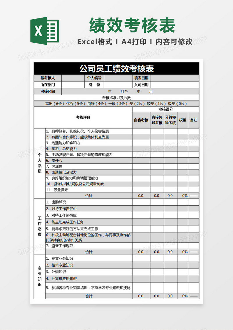 黑色简约公司员工绩效考核表excel模版