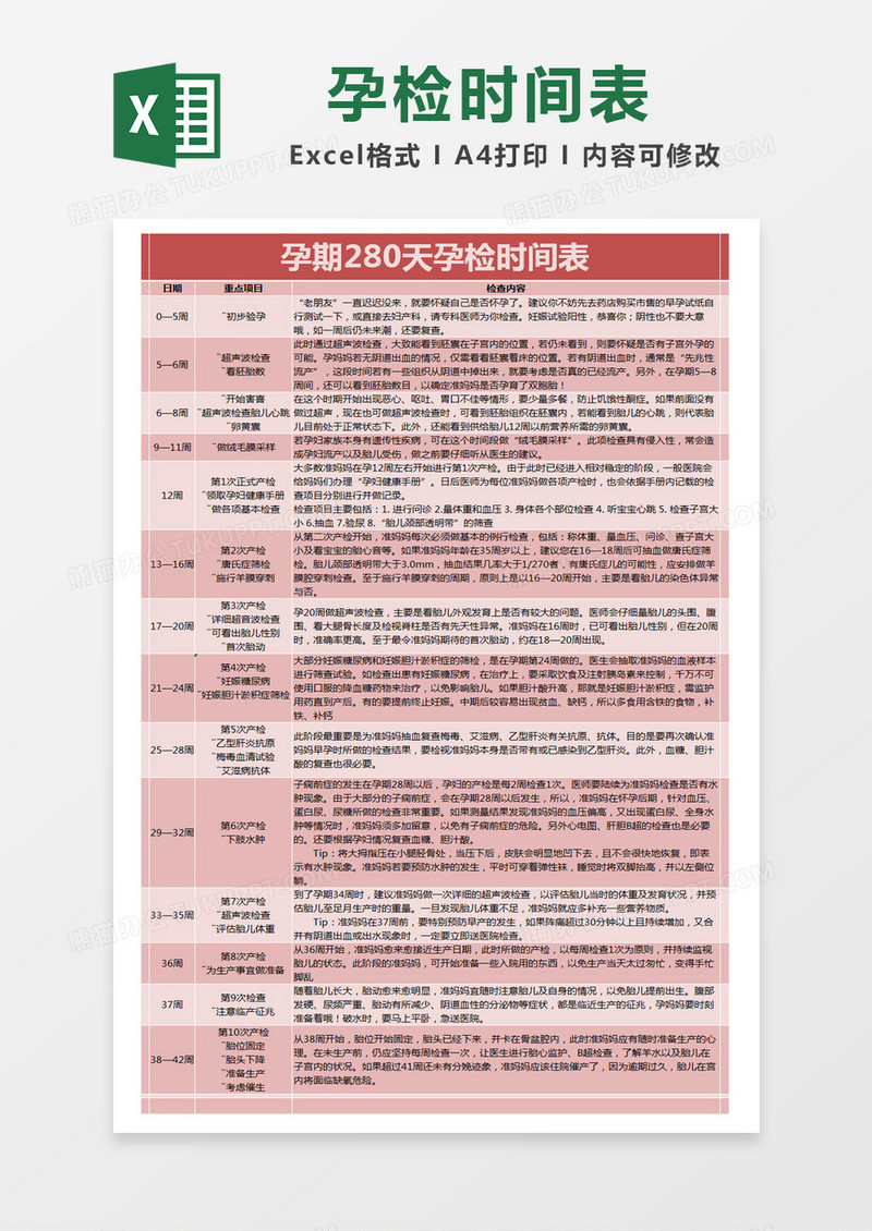 红色简约孕期280天孕检时间表excel模版