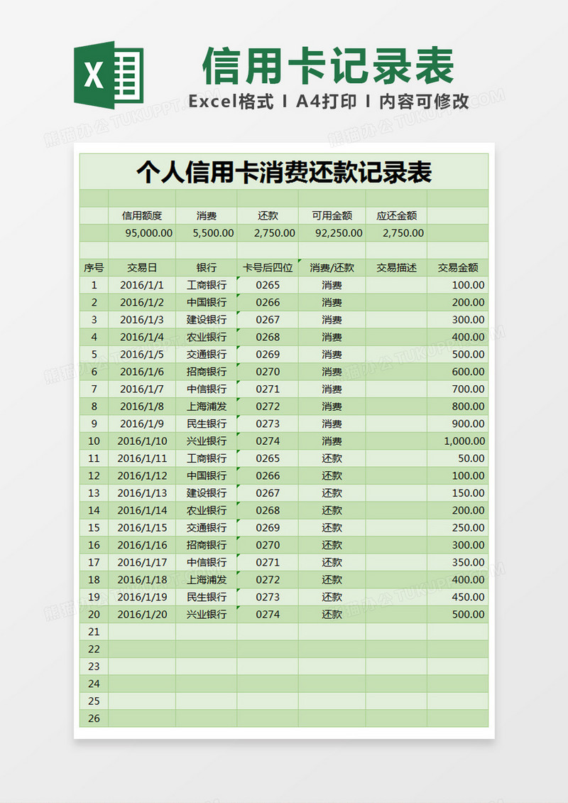 绿色简约个人信用卡消费还款记录表excel模版