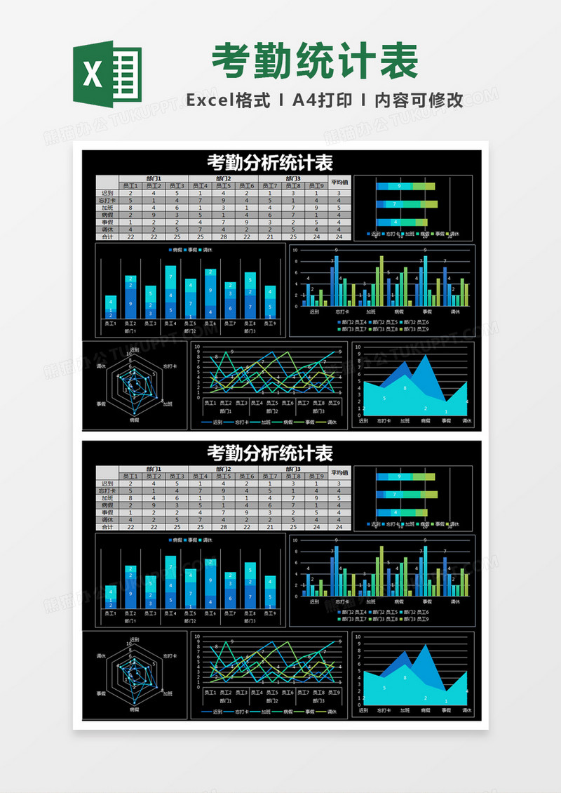 黑色简约考勤分析统计表excel模版