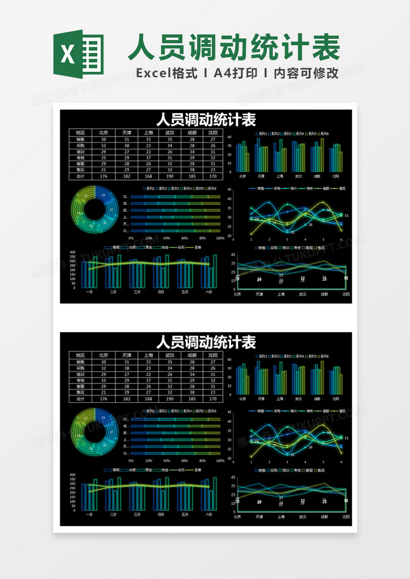 黑色简约人员调动统计表excel模版