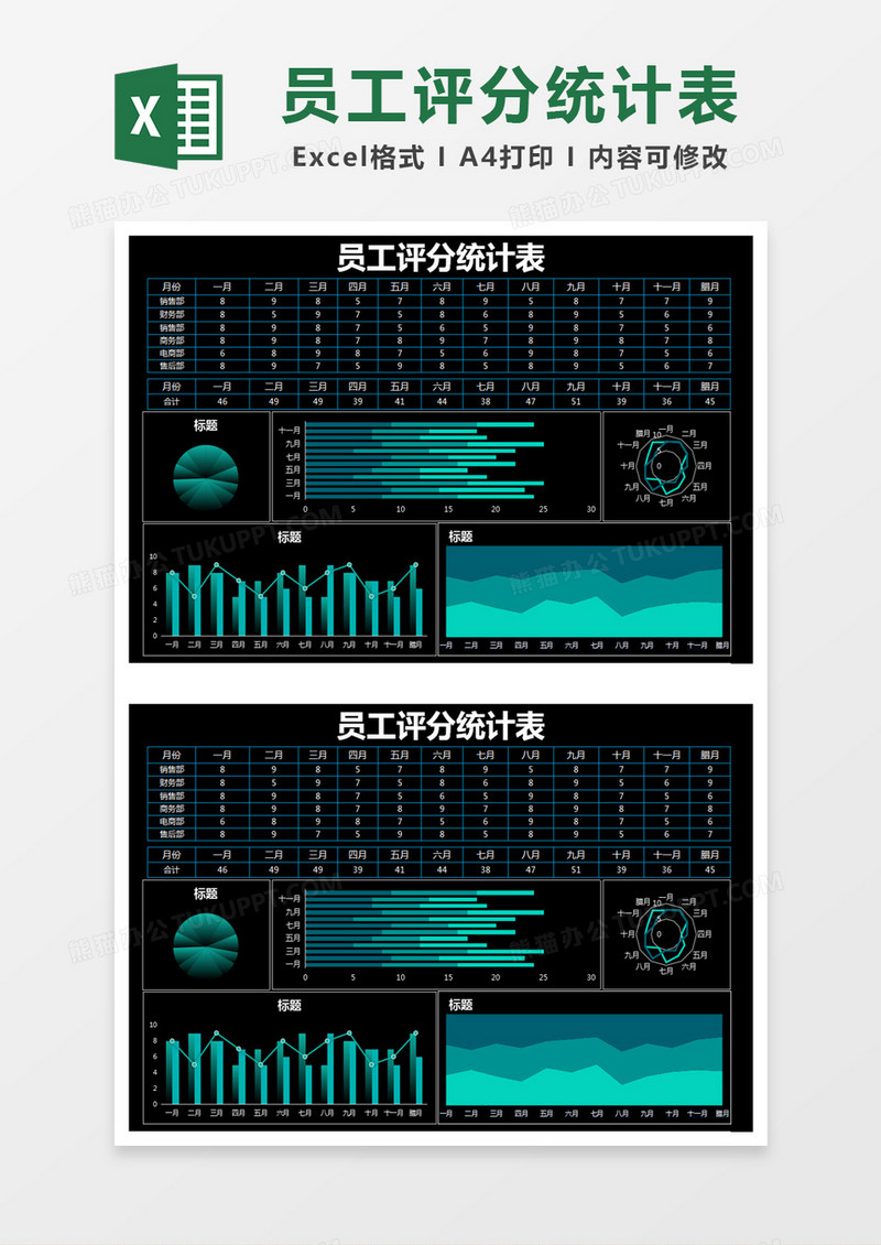 黑色简便员工评分统计表excel模版