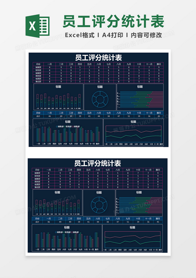 蓝色简单员工评分统计表excel模版