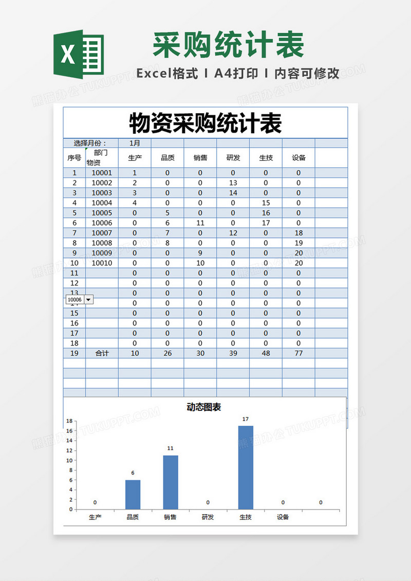 蓝色简约物资采购统计表excel模版