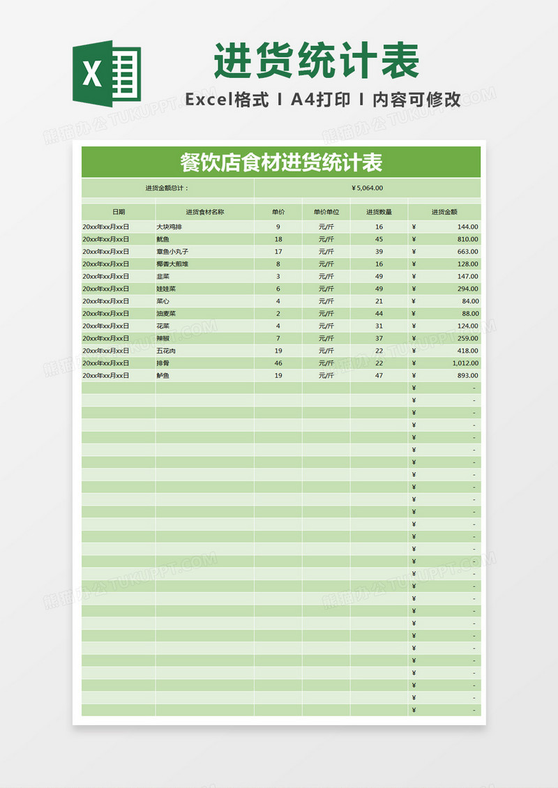 绿色简约餐饮店食材进货统计表excel模版