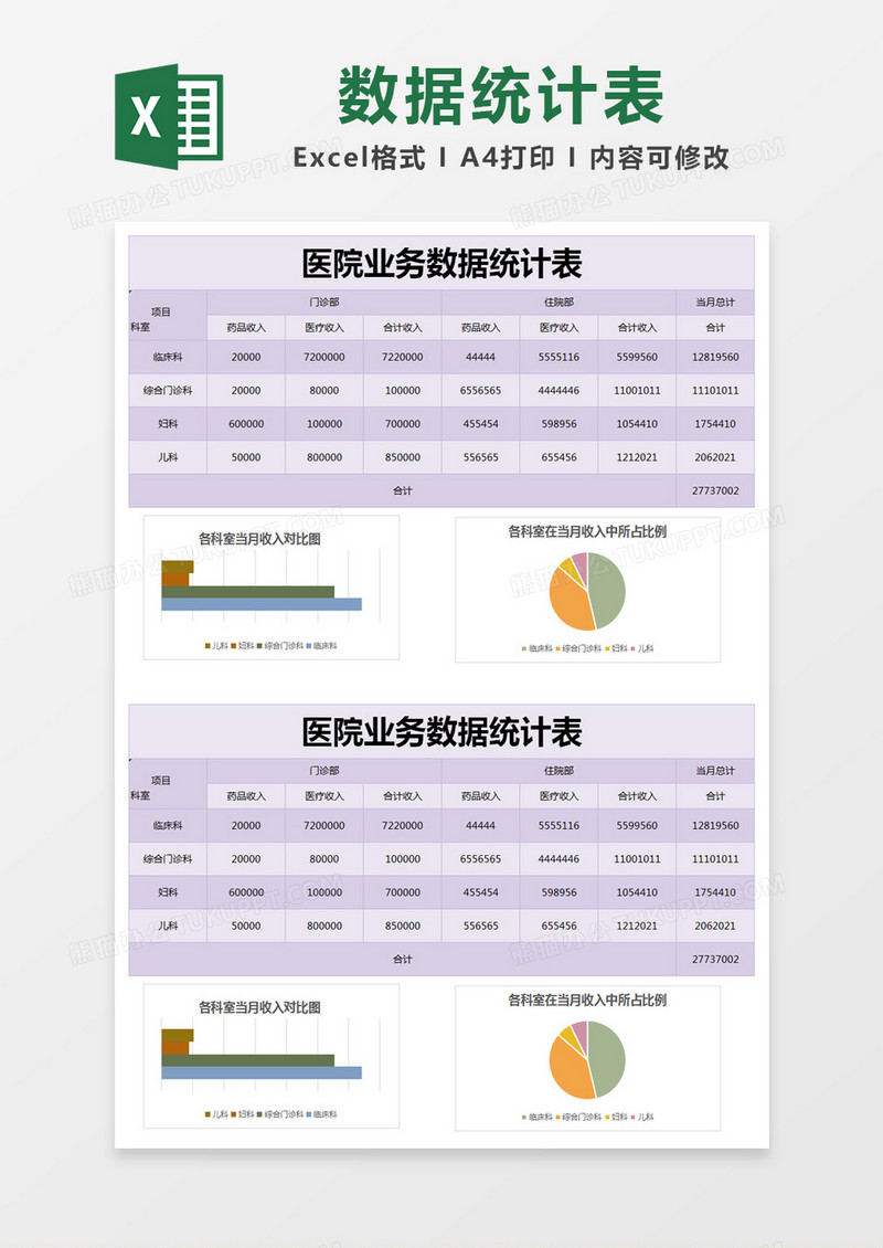 紫色简便医院业务数据统计表excel模版