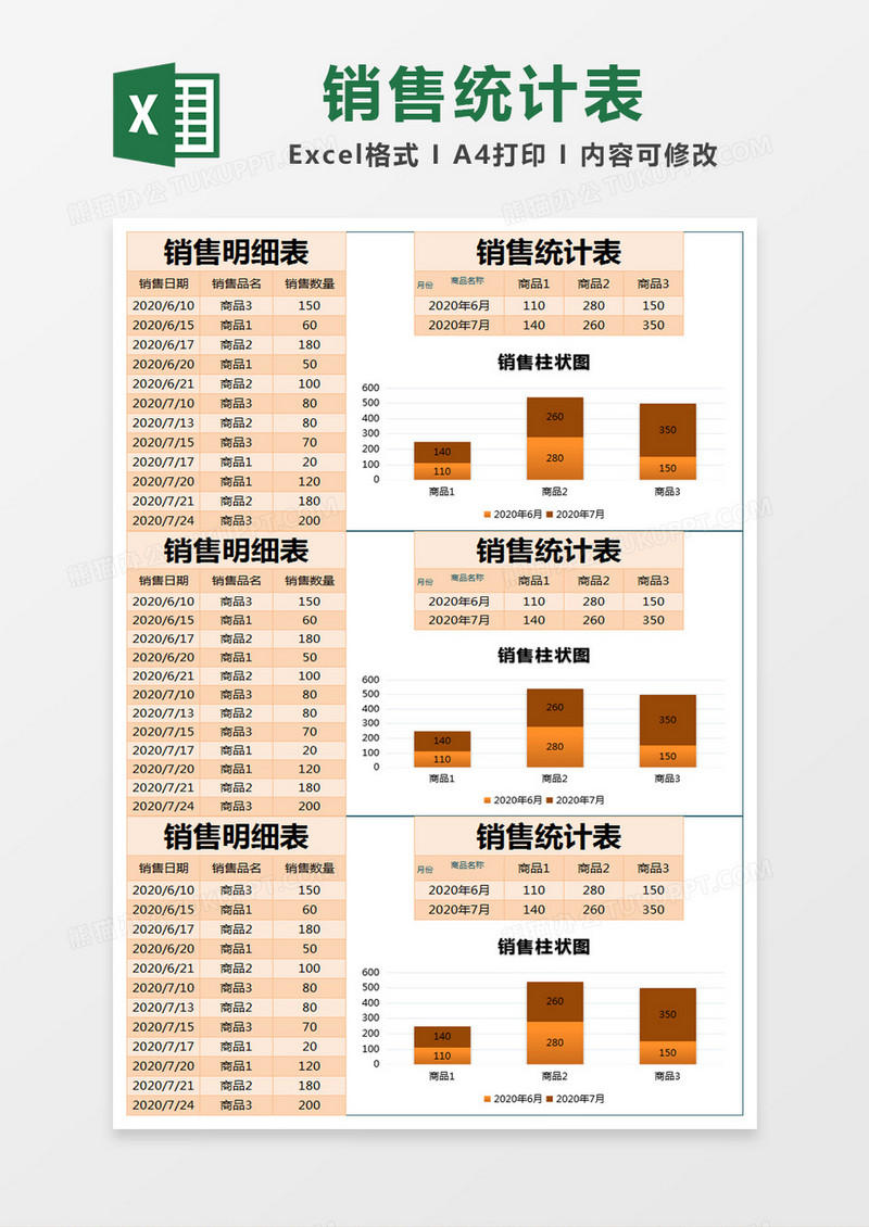 橙色简约销售明细统计表excel模版