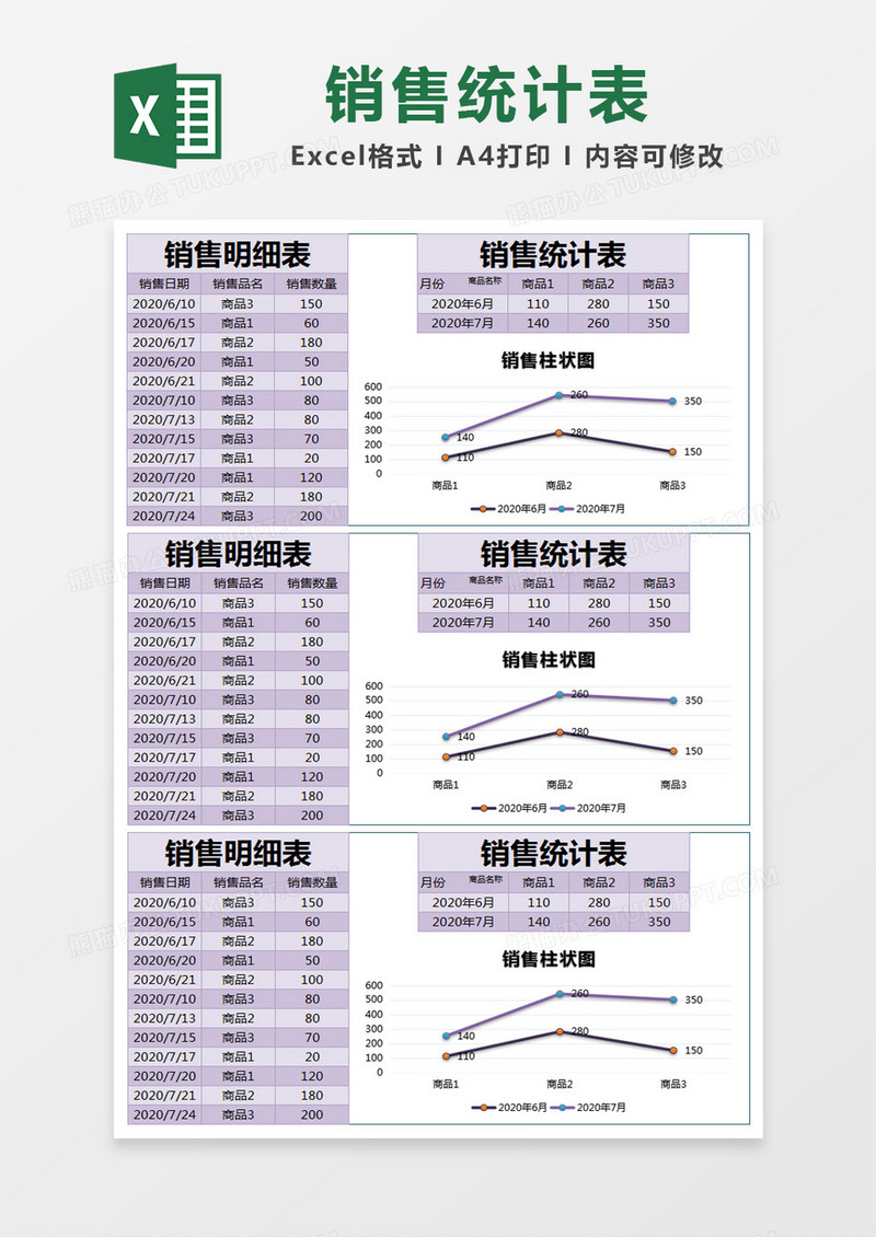 紫色简约销售明细统计表excel模版