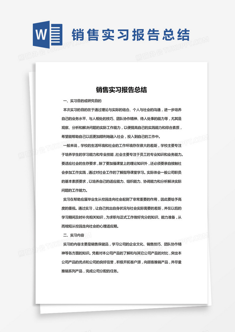 简约销售实习报告总结Word模版
