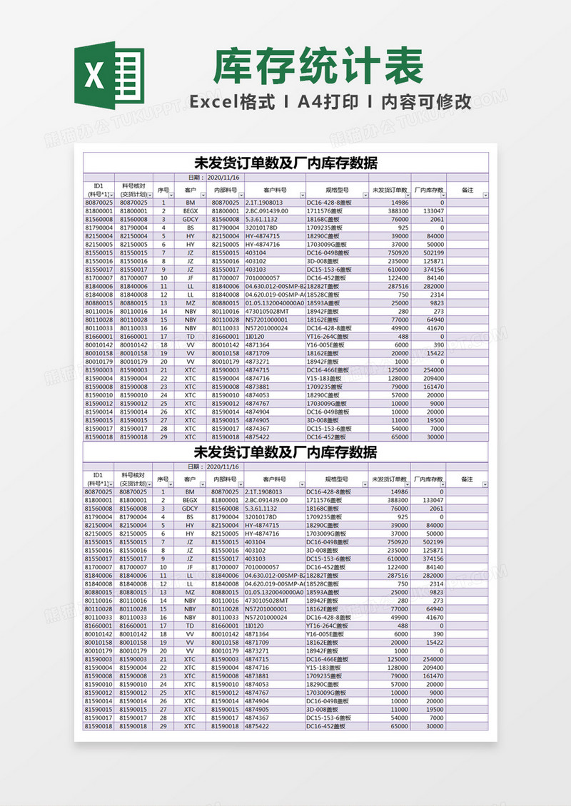 紫色简约未发货订单数及厂内库存数据excel模版