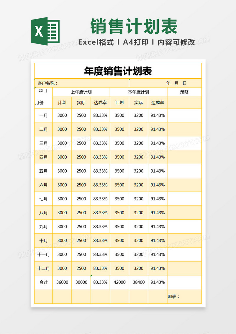 黄色简约年度销售计划表excel模版