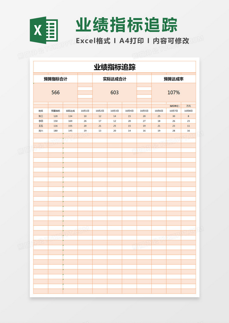 橙色简约业绩指标追踪计划表excel模版