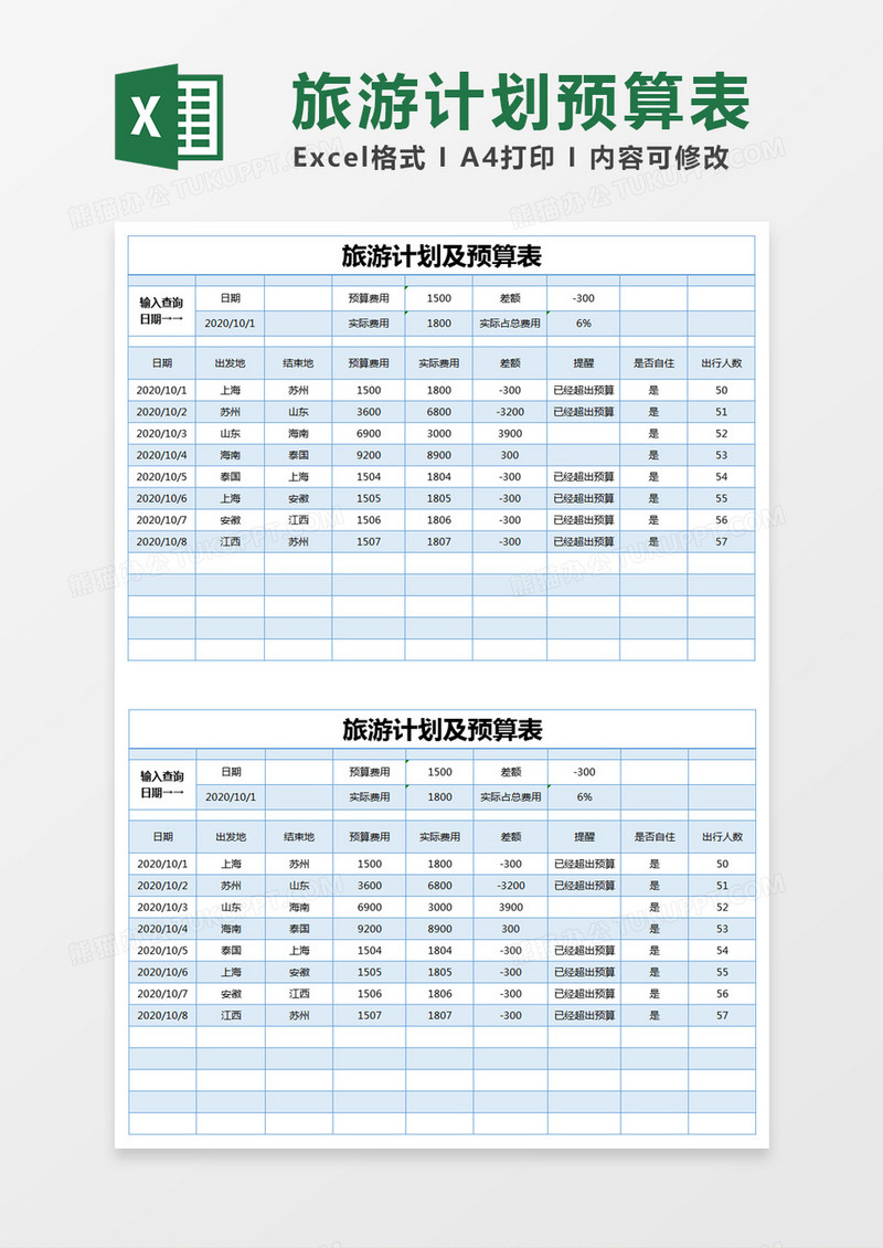 蓝色简约旅游计划及预算表excel模版