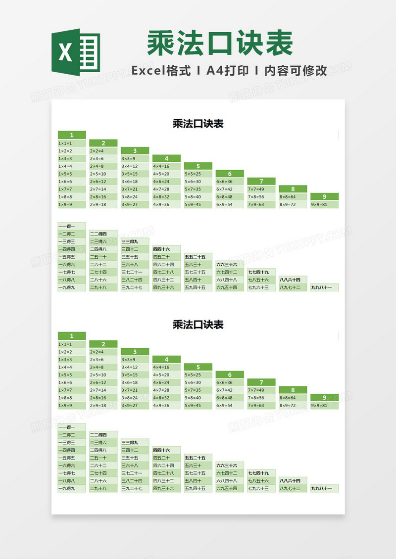 绿色简约乘法口诀表excel模版