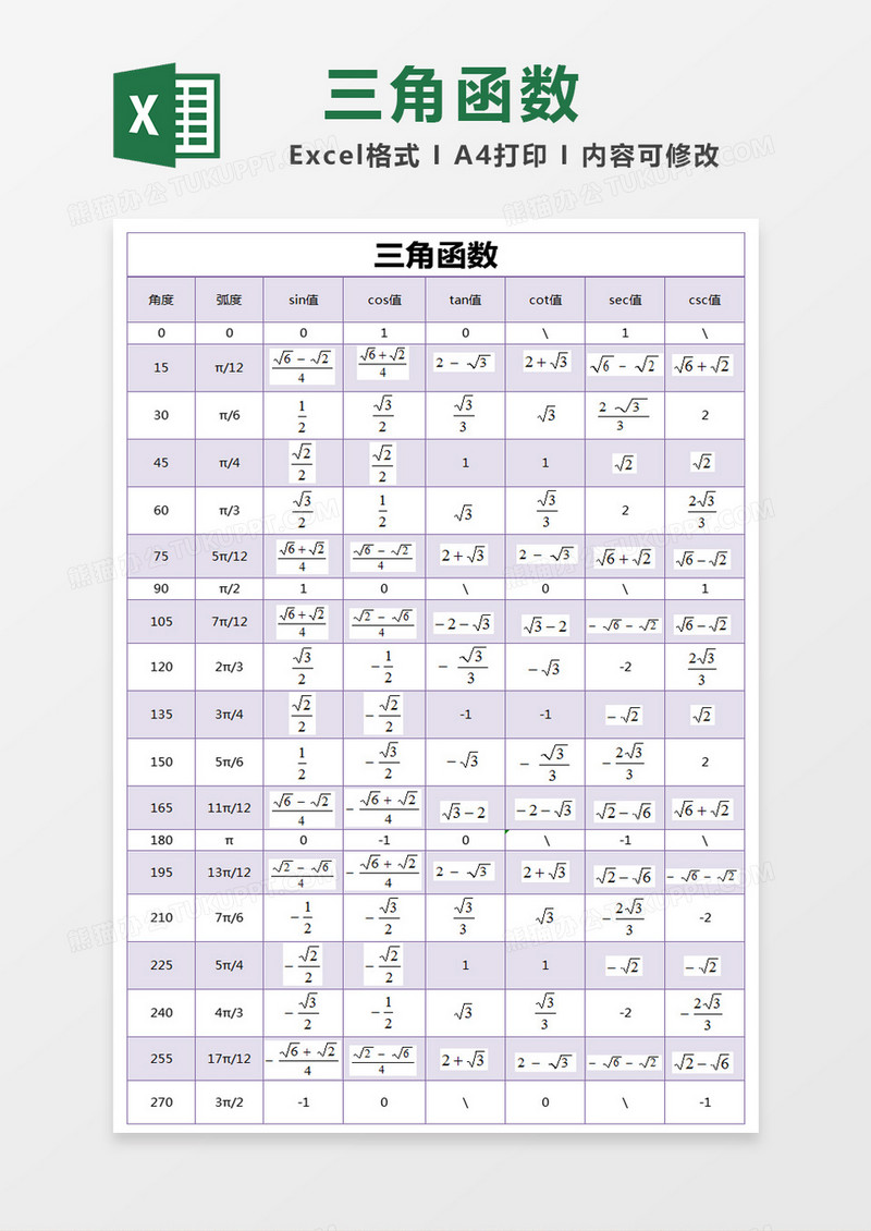 紫色简约三角函数excel模版 