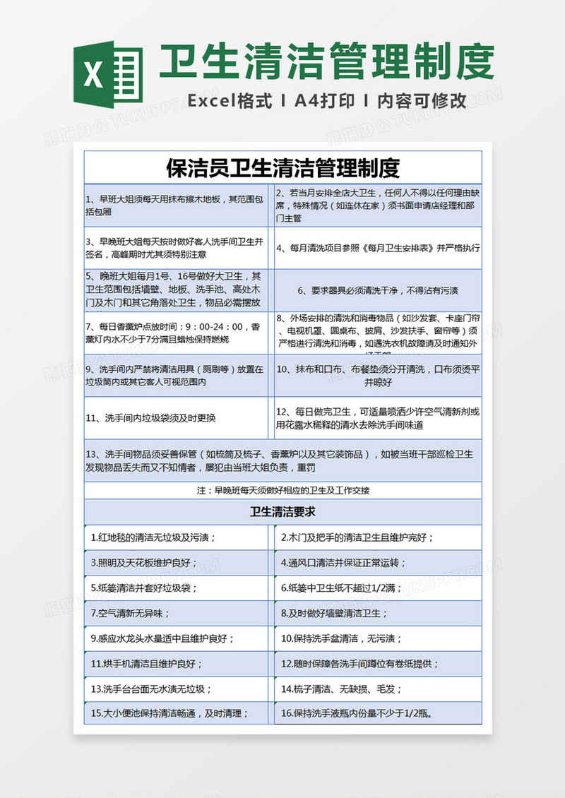 蓝色简约保洁员卫生清洁管理制度excel模版